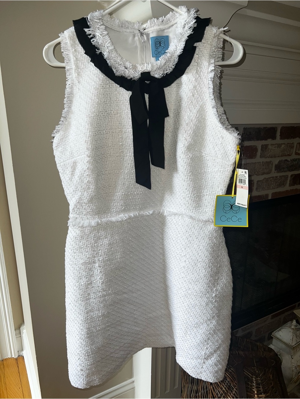 CeCe White Tweed Sleeveless Dress with Black Bow Collar